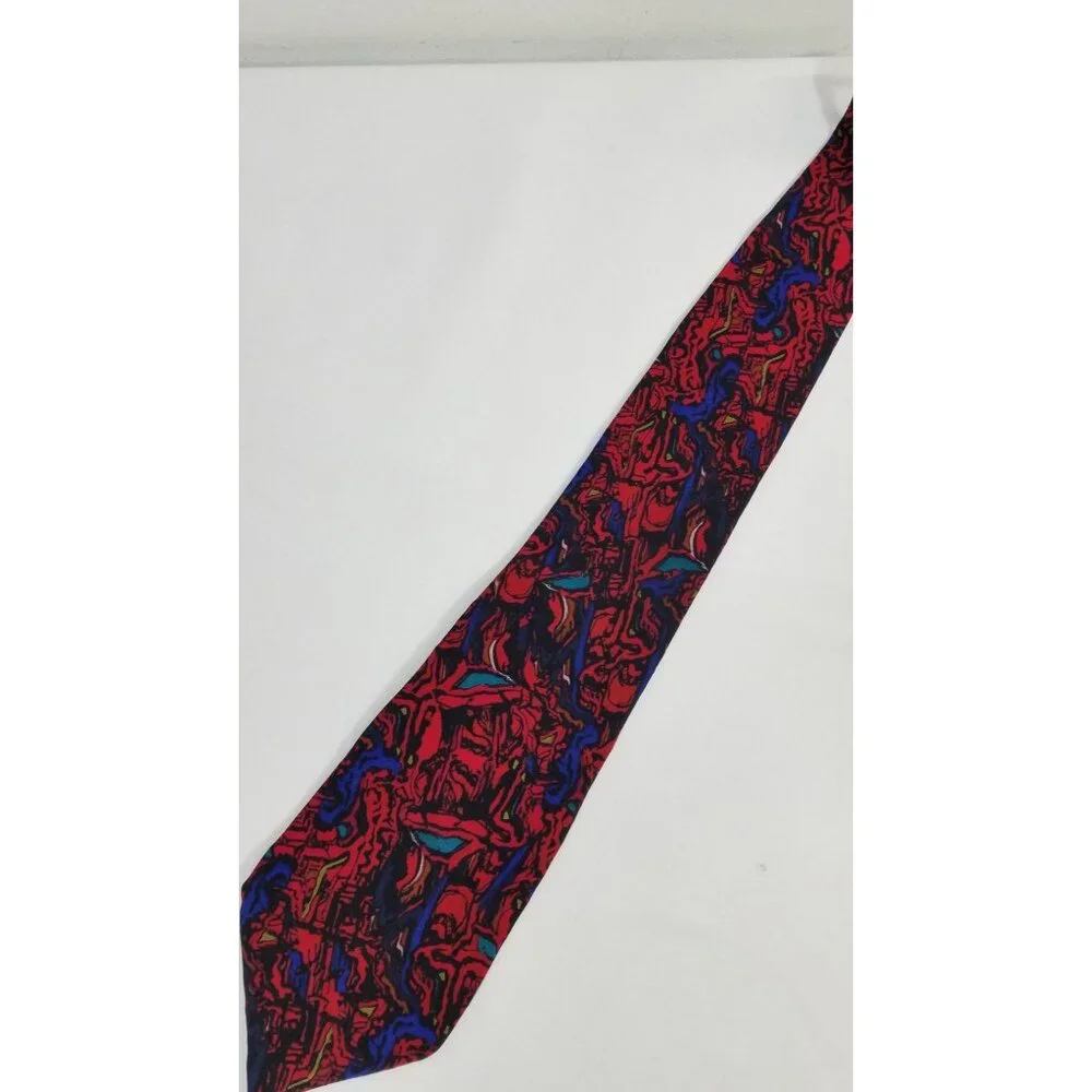 J. Garcia Mens Necktie Abstract Red Blue Silk Tie Hand Sewn In USA